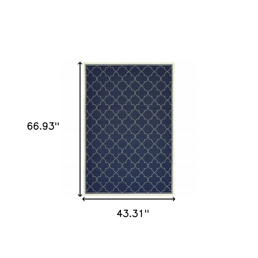 4' X 6' Blue and Ivory Geometric Stain Resistant Indoor Outdoor Area Rug