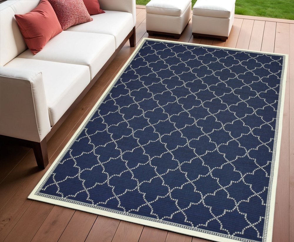 4' X 6' Blue and Ivory Geometric Stain Resistant Indoor Outdoor Area Rug