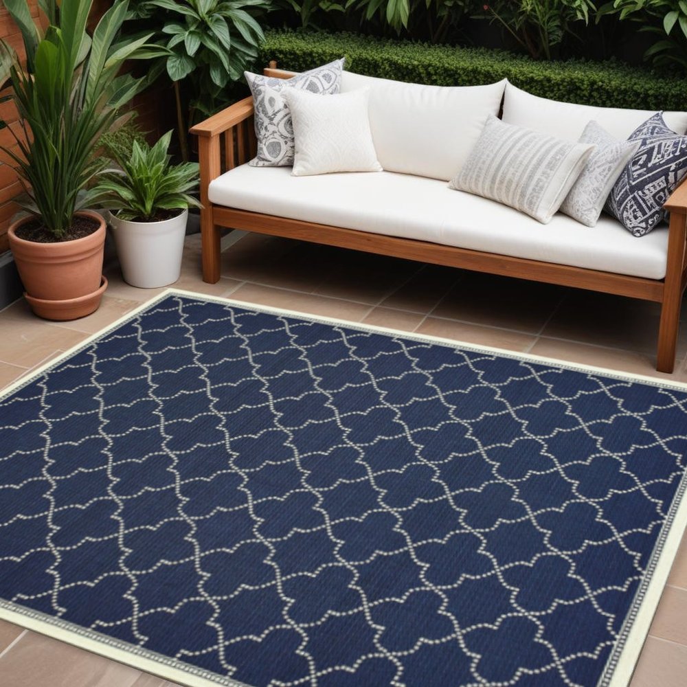 8' X 11' Blue and Ivory Geometric Stain Resistant Indoor Outdoor Area Rug