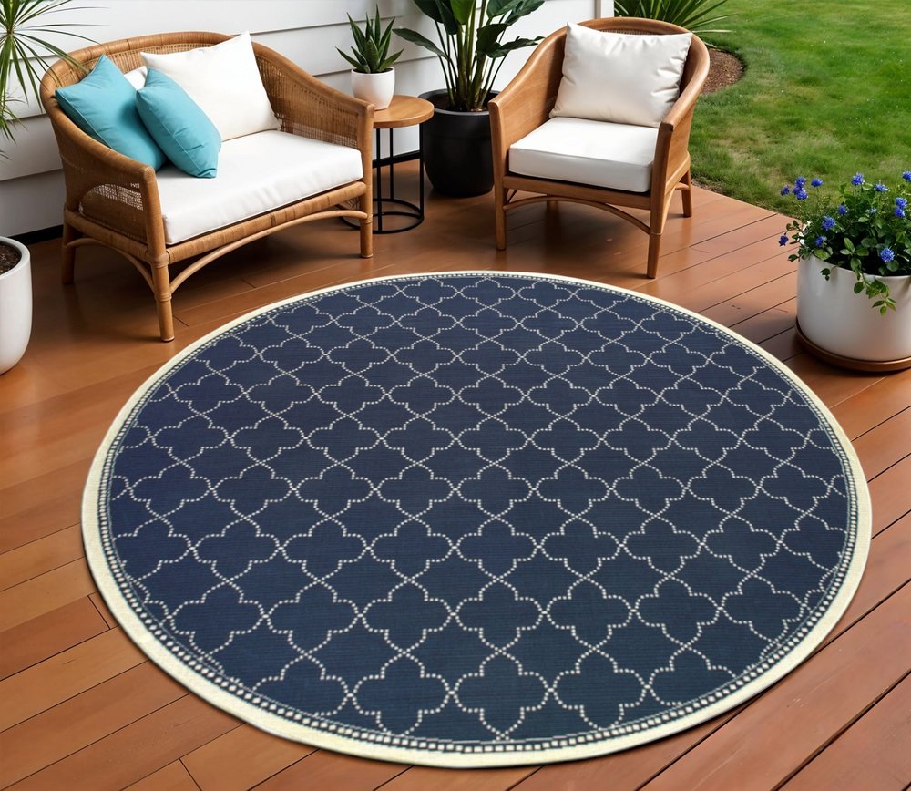 8' X 8' Blue and Ivory Round Geometric Stain Resistant Indoor Outdoor Area Rug
