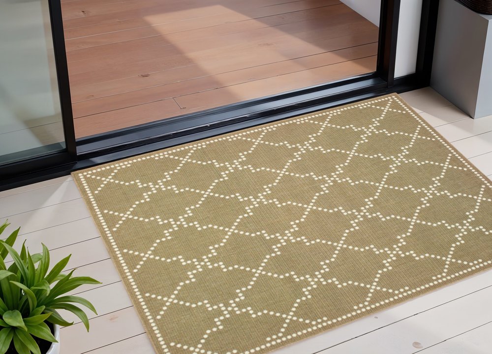 2' X 4' Tan Geometric Stain Resistant Indoor Outdoor Area Rug