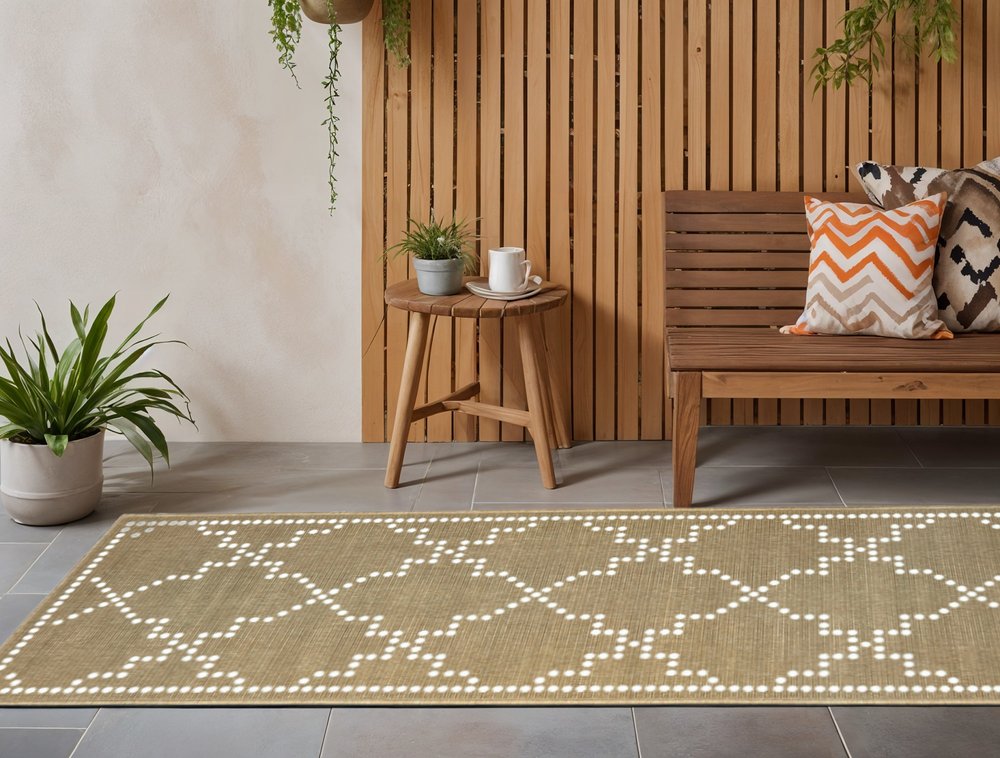 2' X 8' Tan Geometric Stain Resistant Indoor Outdoor Area Rug