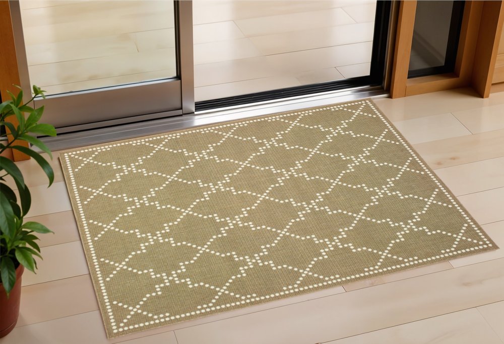 2' X 4' Tan Geometric Stain Resistant Indoor Outdoor Area Rug
