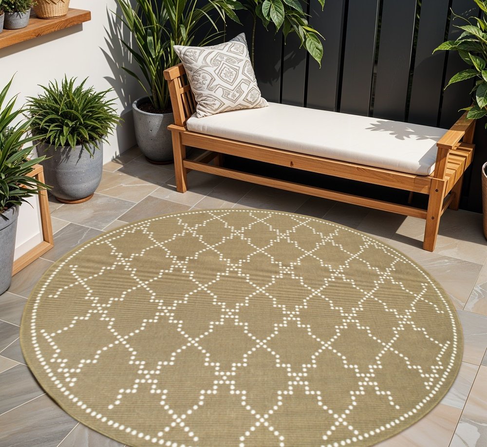 8' X 8' Tan Round Geometric Stain Resistant Indoor Outdoor Area Rug