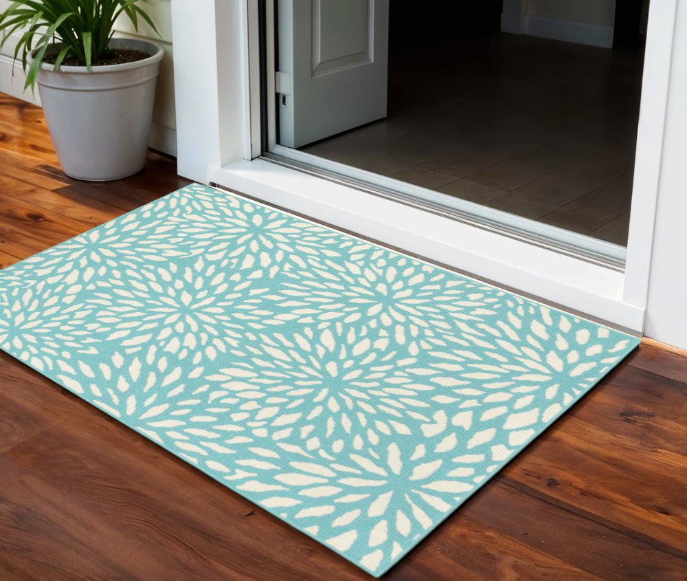 2' X 3' Blue and Ivory Floral Stain Resistant Indoor Outdoor Area Rug
