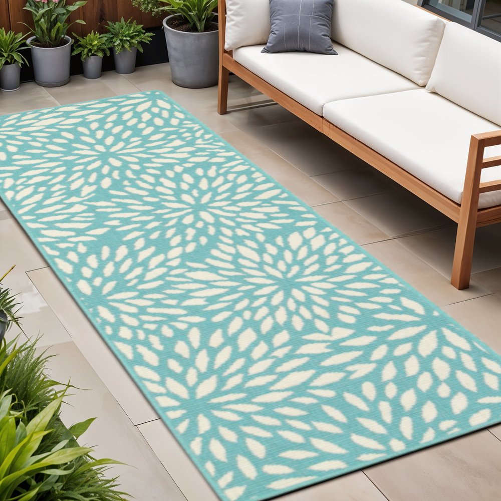 2' X 8' Blue and Ivory Floral Stain Resistant Indoor Outdoor Area Rug