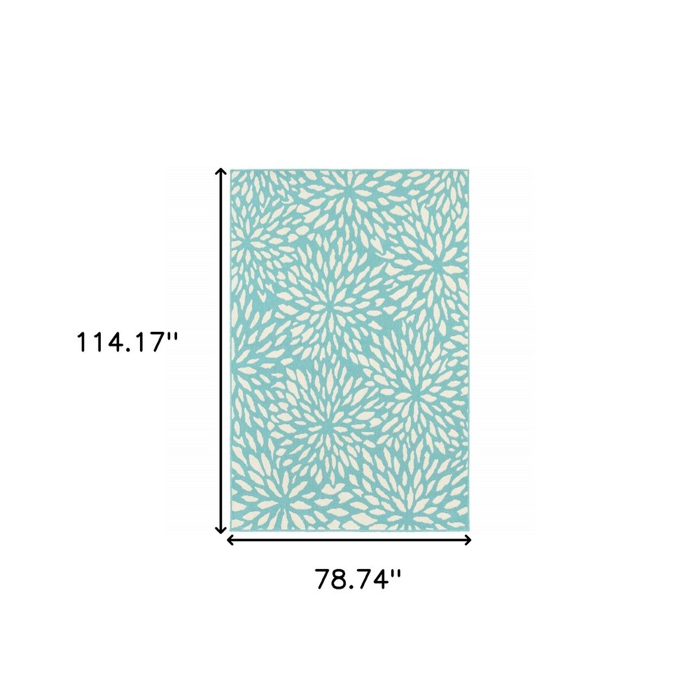 7' x 10' Blue and Ivory Floral Stain Resistant Indoor Outdoor Area Rug