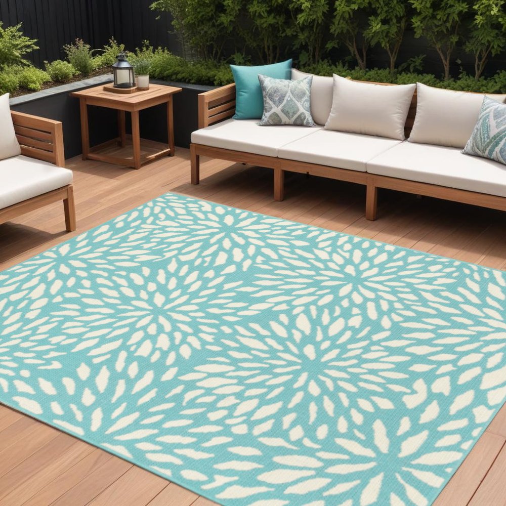 8' X 11' Blue and Ivory Floral Stain Resistant Indoor Outdoor Area Rug