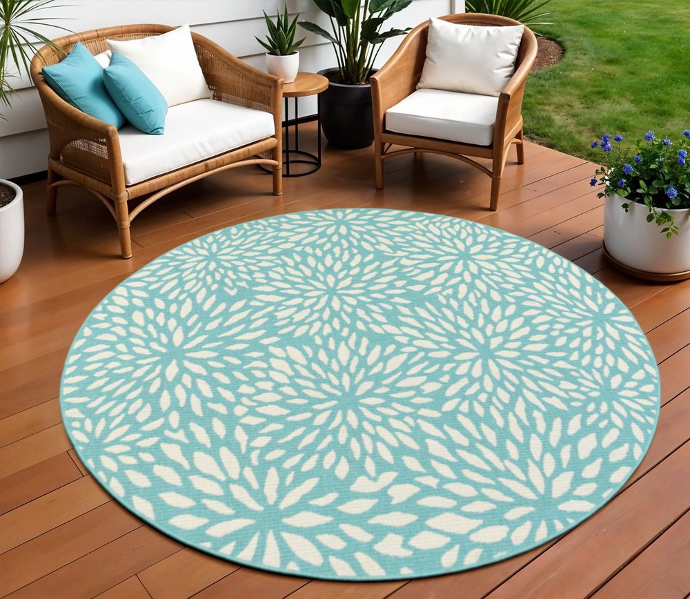 8' X 8' Blue and Ivory Round Floral Stain Resistant Indoor Outdoor Area Rug
