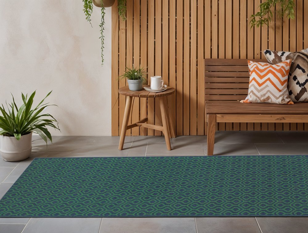 2' X 8' Blue and Green Geometric Stain Resistant Indoor Outdoor Area Rug