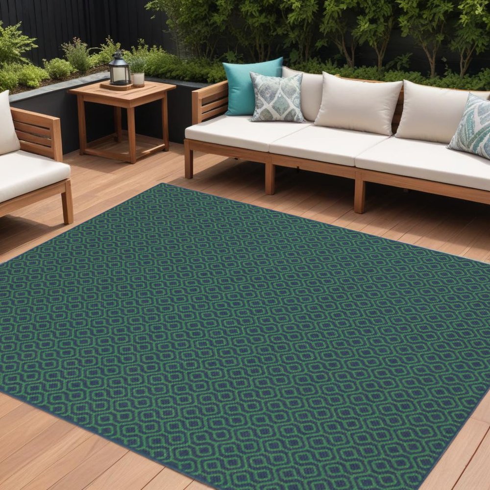 8' X 11' Blue and Green Geometric Stain Resistant Indoor Outdoor Area Rug