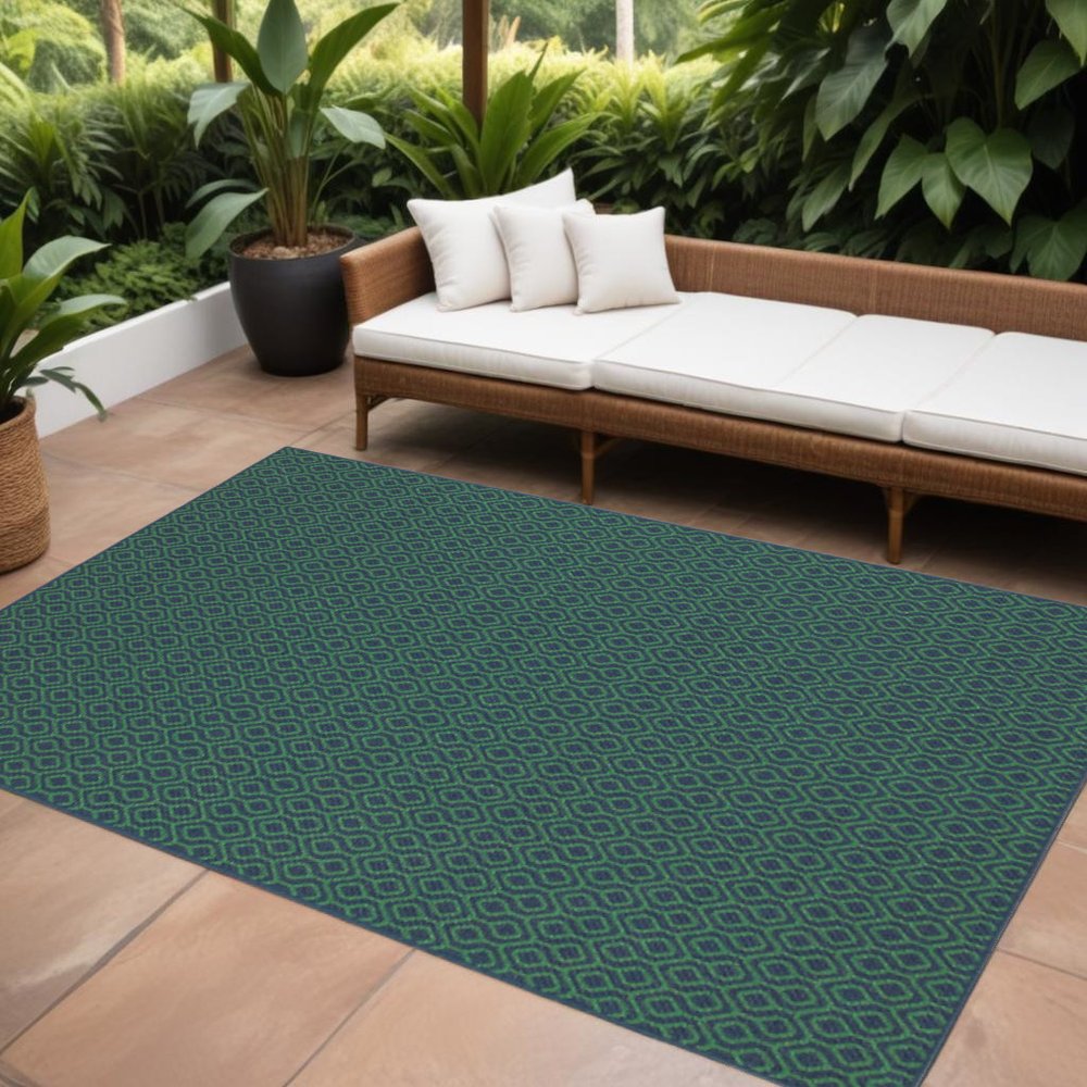 9' X 13' Blue and Green Geometric Stain Resistant Indoor Outdoor Area Rug
