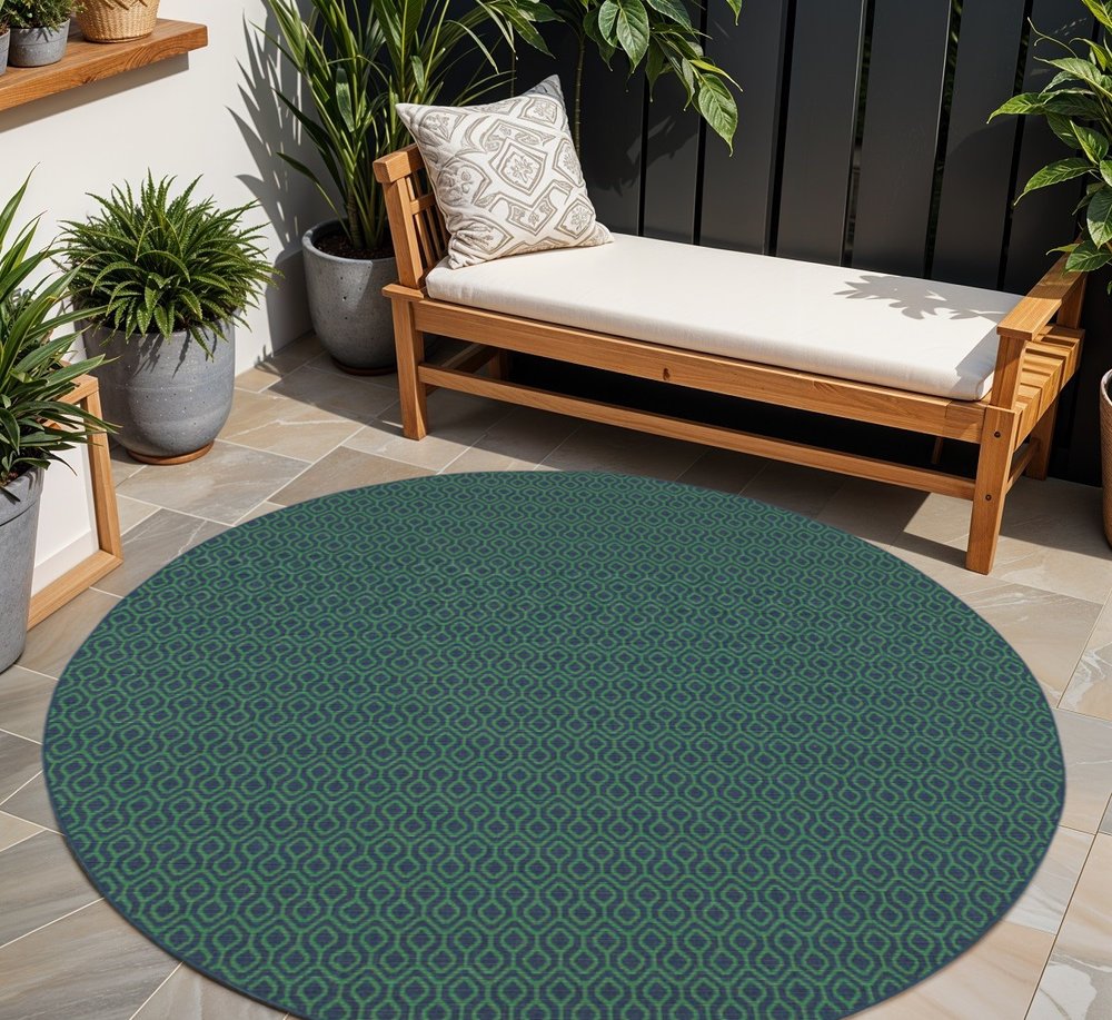 8' X 8' Blue and Green Round Geometric Stain Resistant Indoor Outdoor Area Rug