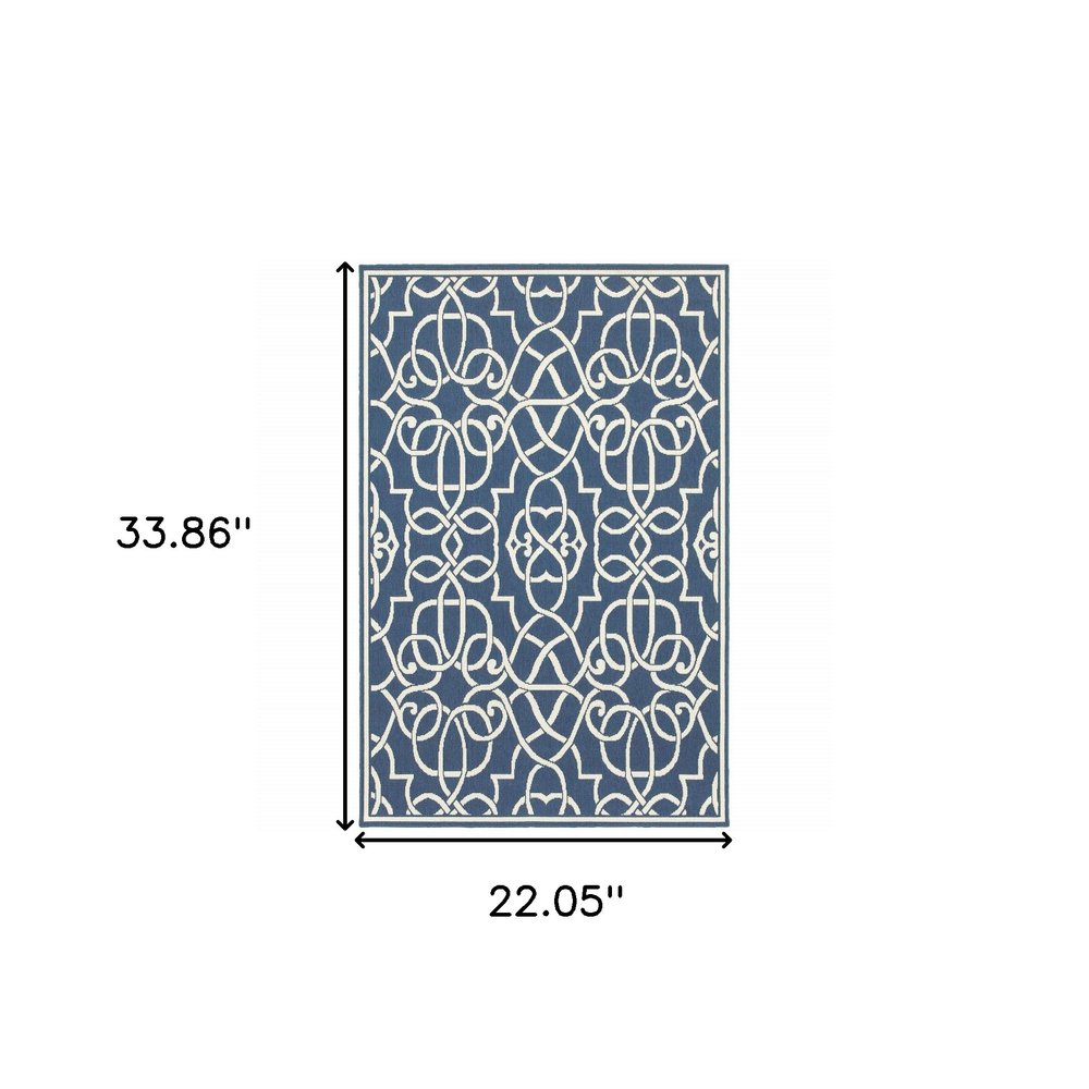 2' X 3' Blue and Ivory Geometric Stain Resistant Indoor Outdoor Area Rug