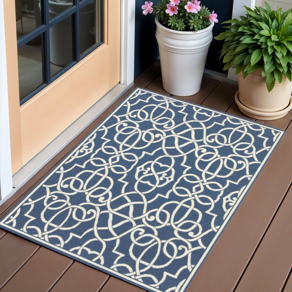 2' X 3' Blue and Ivory Geometric Stain Resistant Indoor Outdoor Area Rug