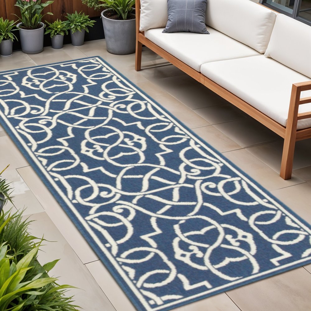 2' X 8' Blue and Ivory Geometric Stain Resistant Indoor Outdoor Area Rug