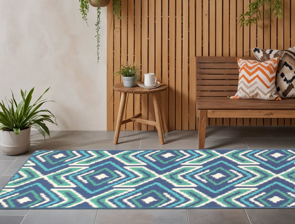 2' X 8' Blue and Ivory Geometric Stain Resistant Indoor Outdoor Area Rug