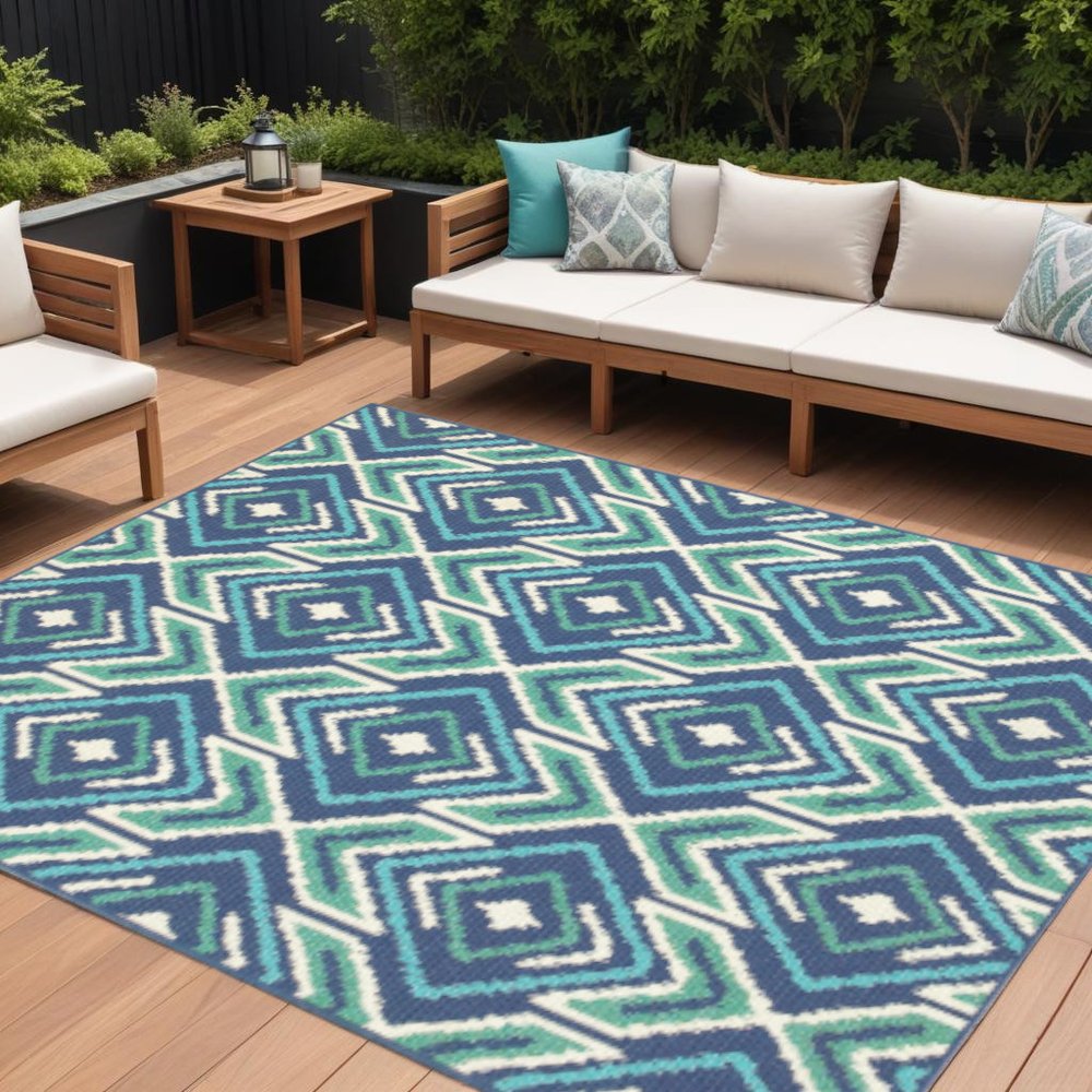8' X 11' Blue and Ivory Geometric Stain Resistant Indoor Outdoor Area Rug