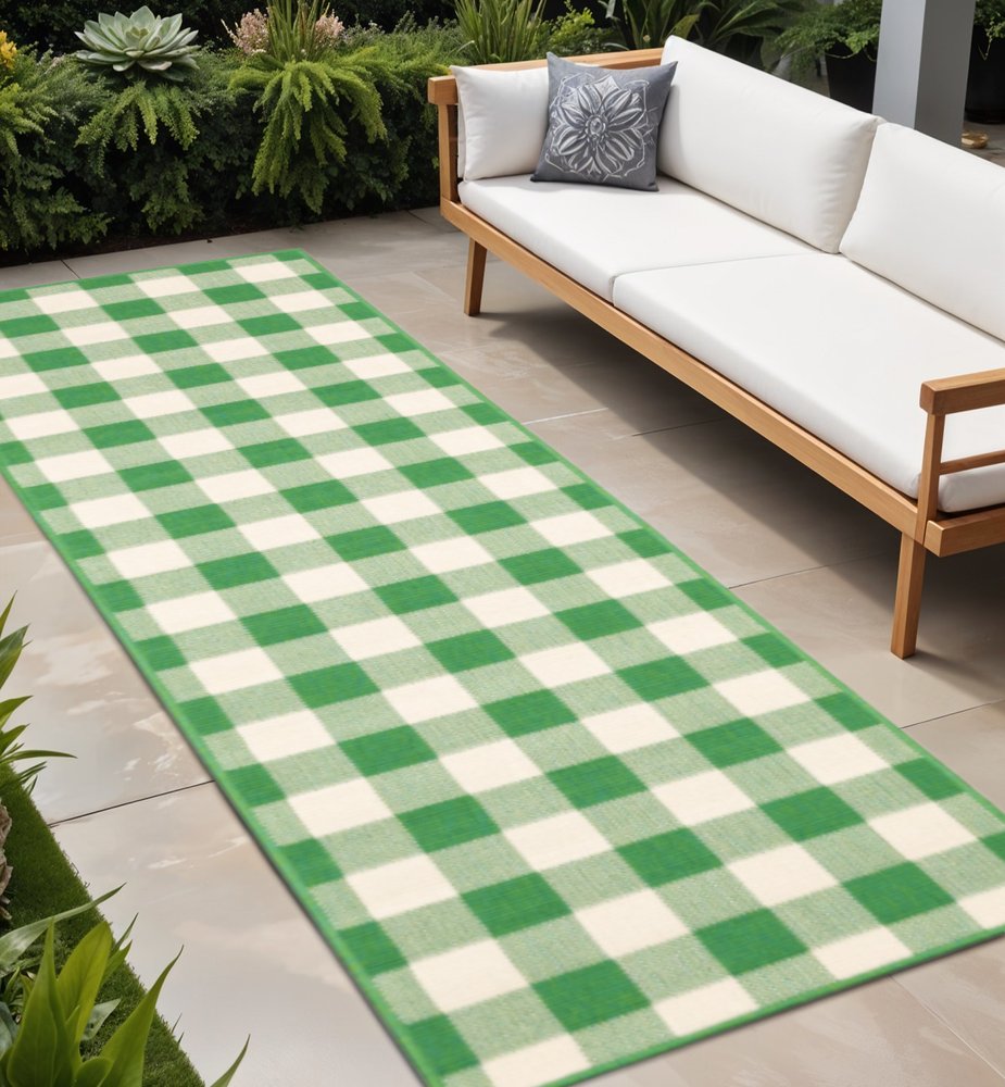 2' X 8' Green and Ivory Geometric Stain Resistant Indoor Outdoor Area Rug