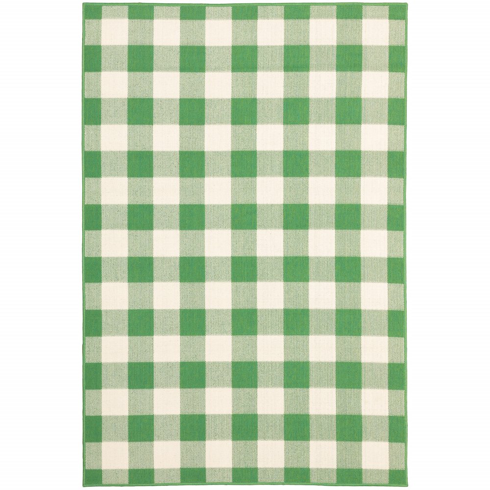 5' X 8' Green and Ivory Geometric Stain Resistant Indoor Outdoor Area Rug