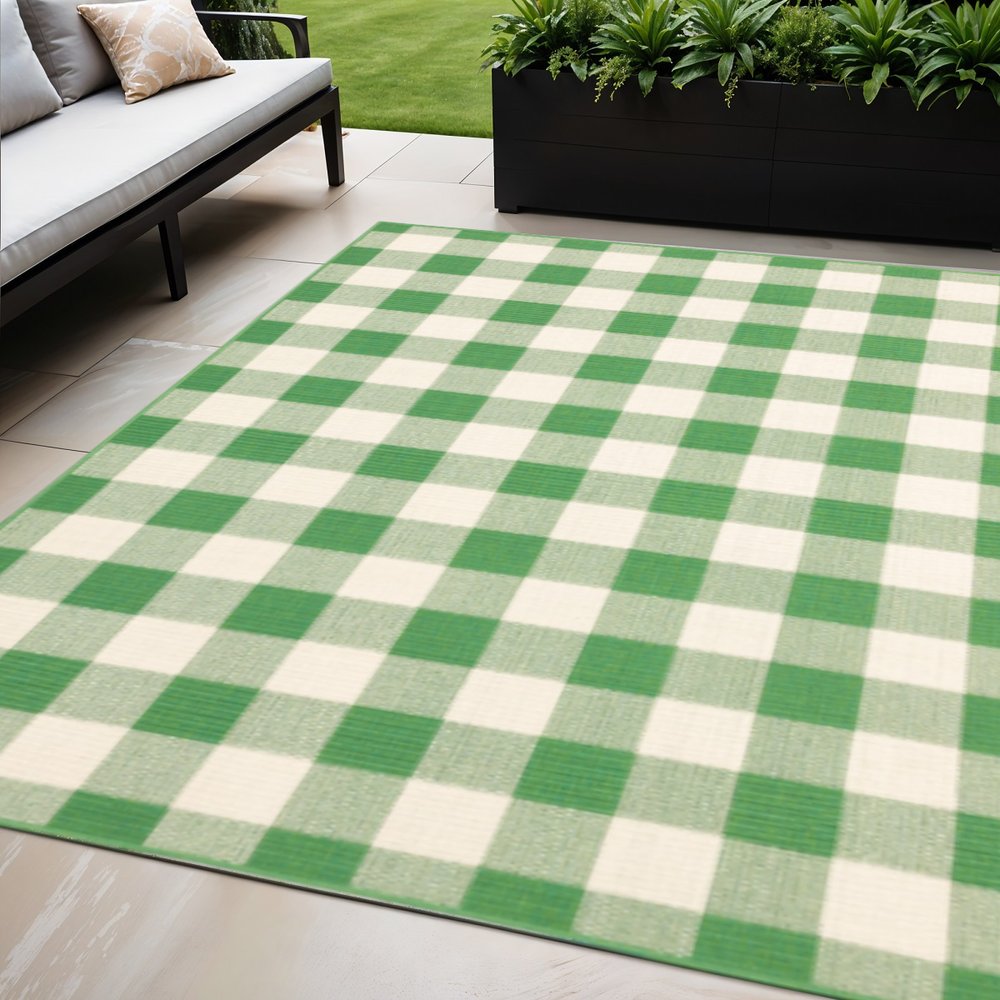 5' X 8' Green and Ivory Geometric Stain Resistant Indoor Outdoor Area Rug
