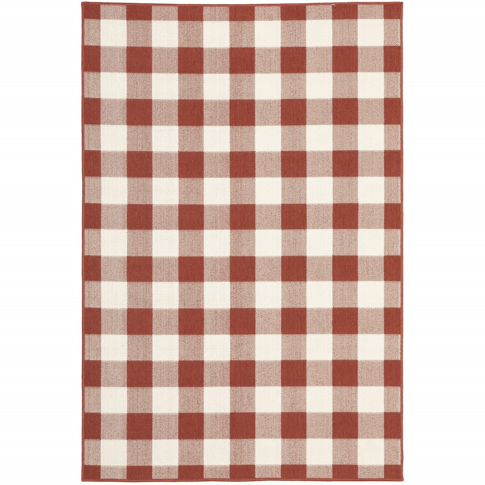 5' X 8' Red and Ivory Geometric Stain Resistant Indoor Outdoor Area Rug