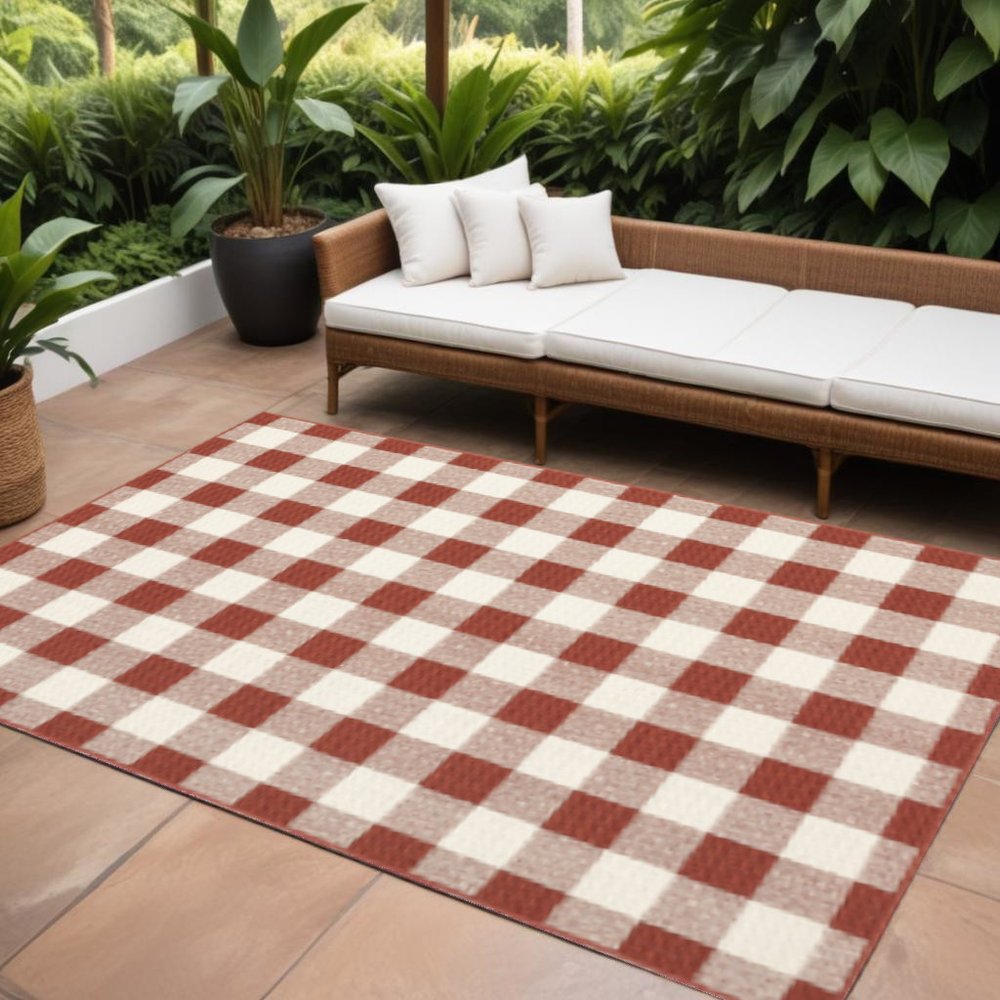 7' X 10' Red and Ivory Geometric Stain Resistant Indoor Outdoor Area Rug