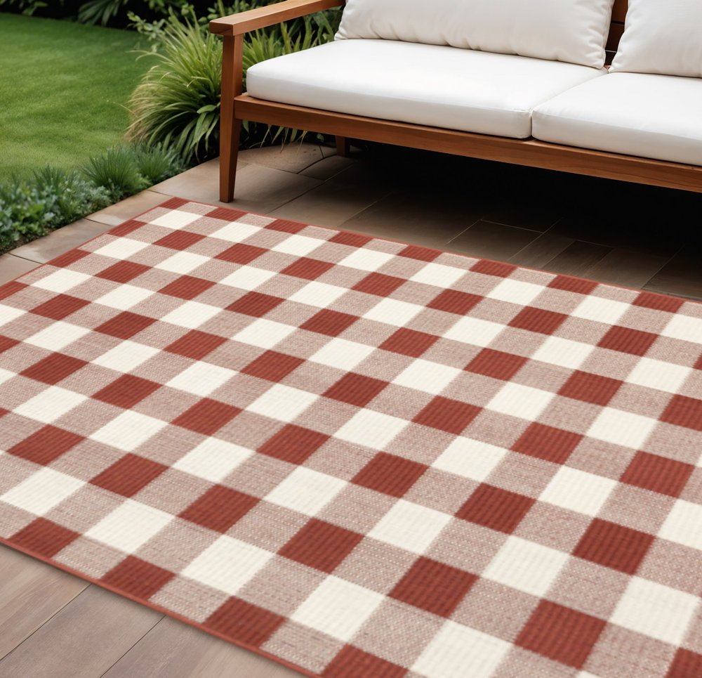 9' X 13' Red And Ivory Geometric Indoor Outdoor Area Rug