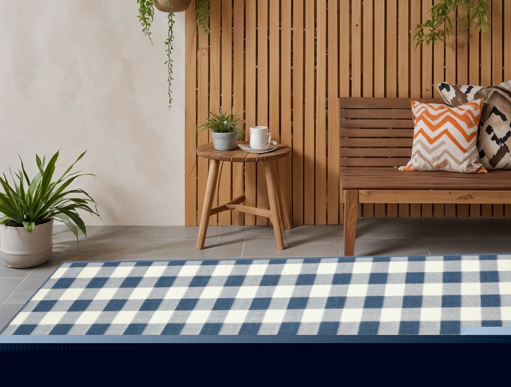 2' X 8' Blue and Ivory Geometric Stain Resistant Indoor Outdoor Area Rug