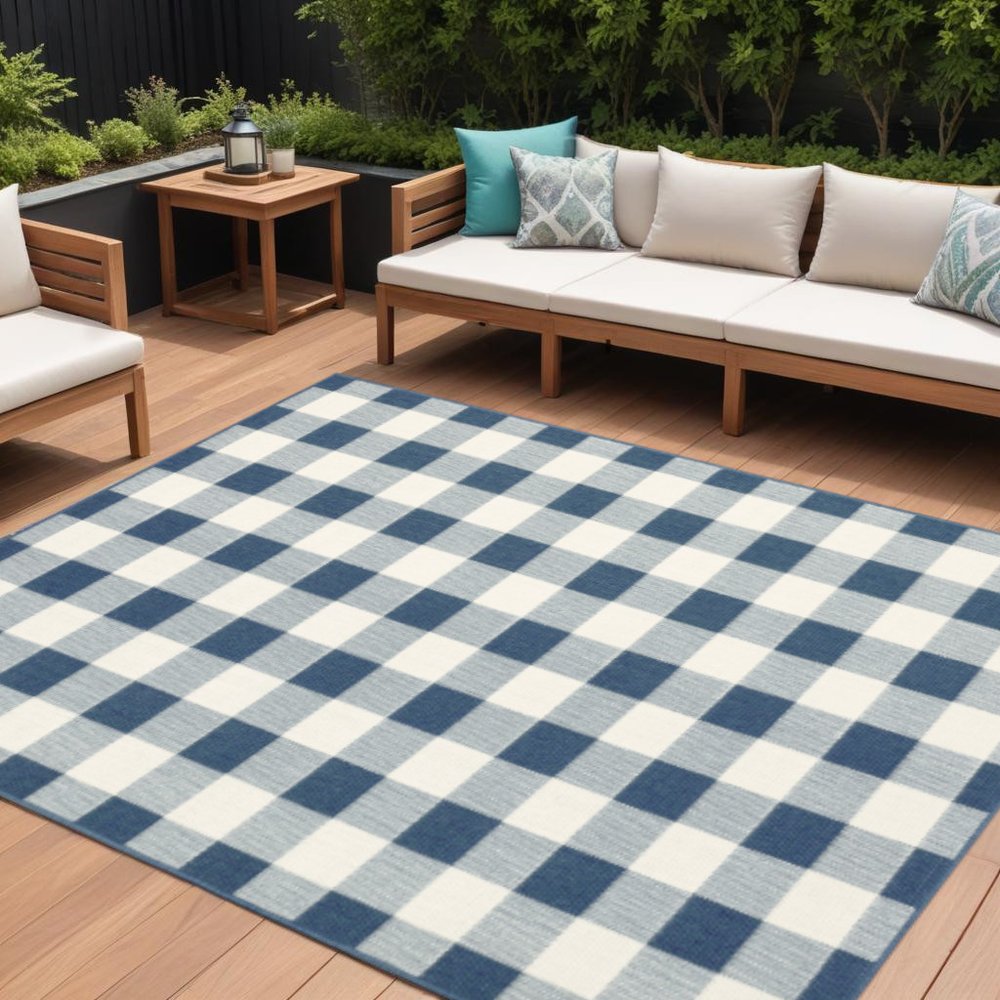 7' X 10' Blue and Ivory Geometric Stain Resistant Indoor Outdoor Area Rug