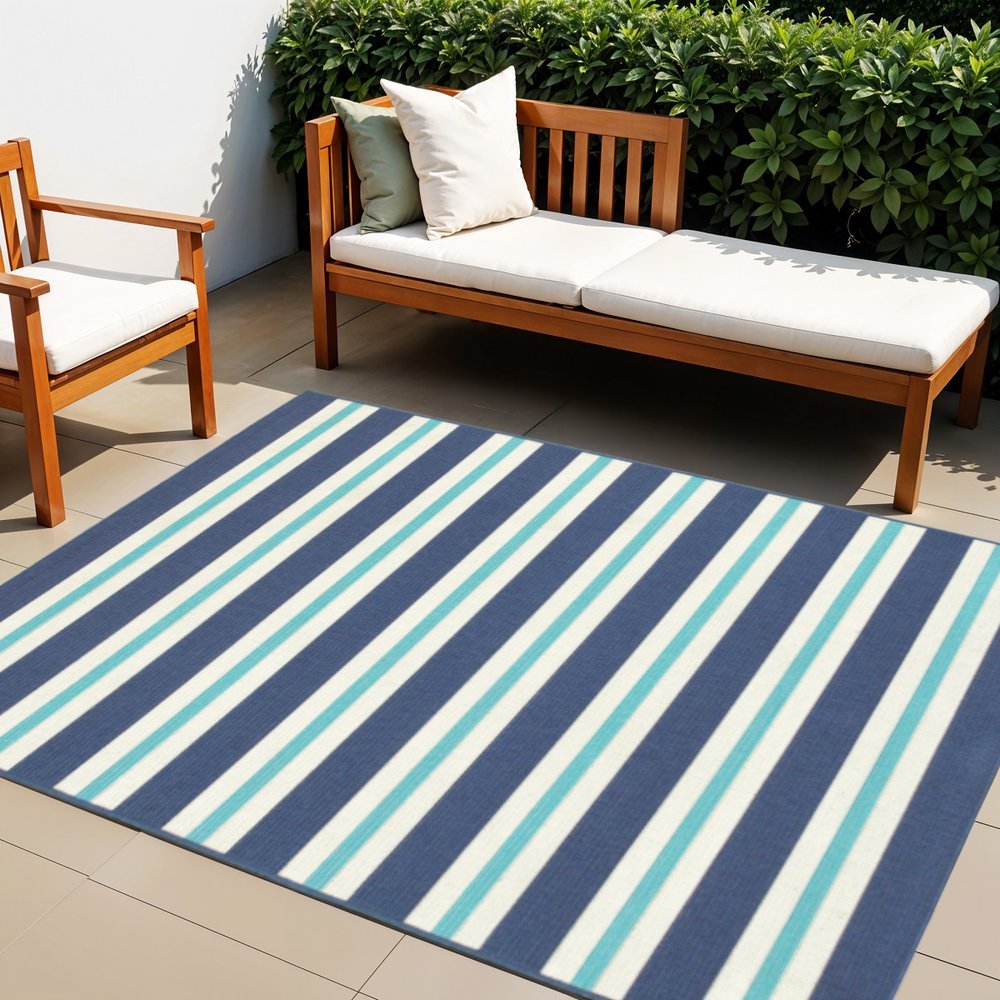 4' X 6' Blue and Ivory Geometric Stain Resistant Indoor Outdoor Area Rug