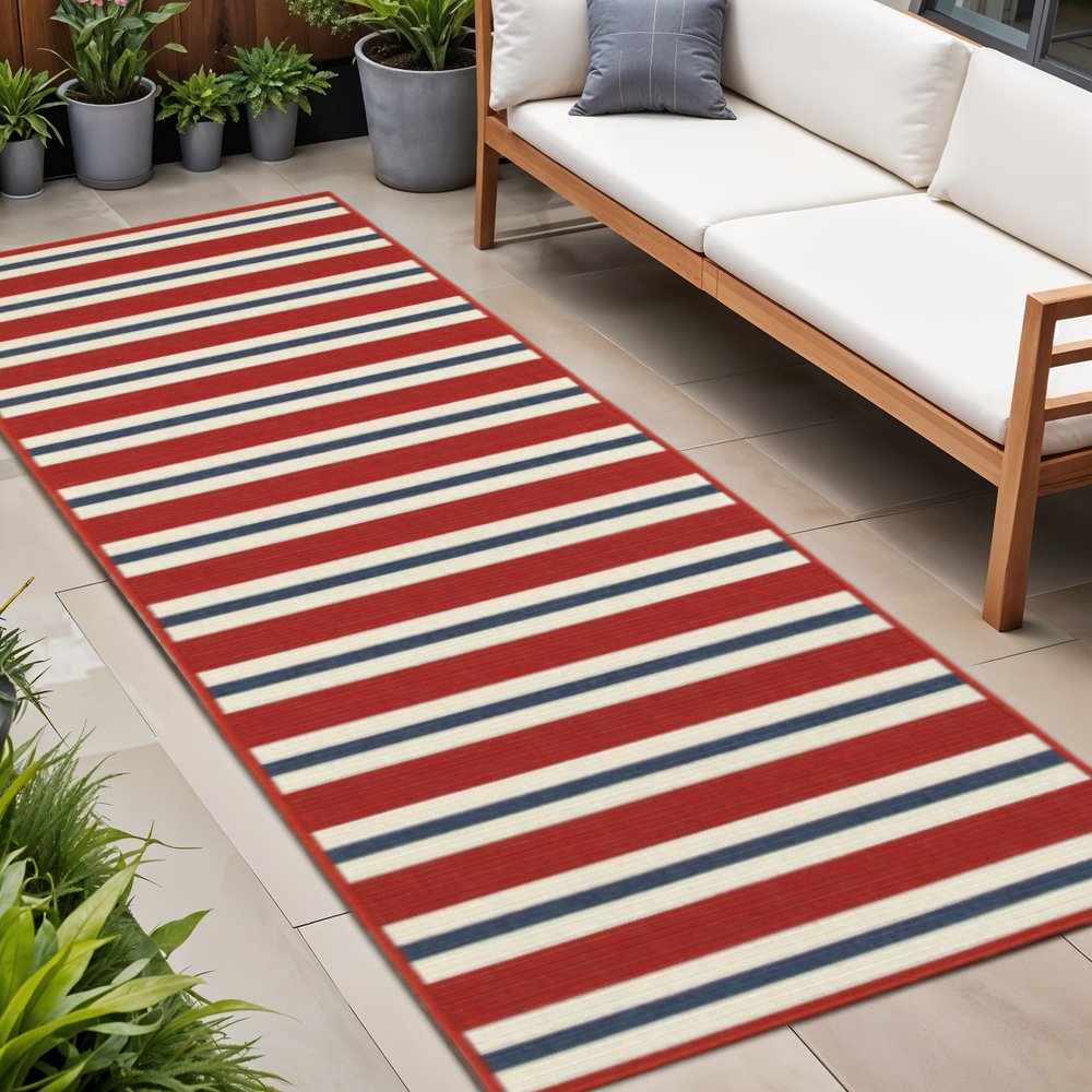 2' X 8' Red and Ivory Geometric Stain Resistant Indoor Outdoor Area Rug