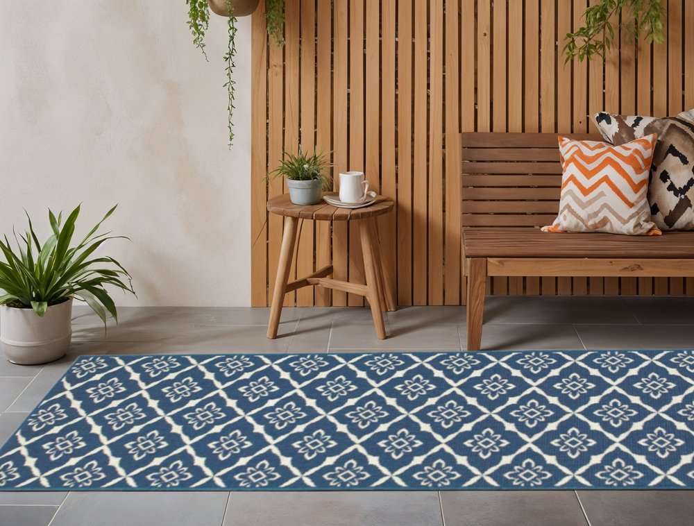 2' X 8' Blue and Ivory Floral Stain Resistant Indoor Outdoor Area Rug
