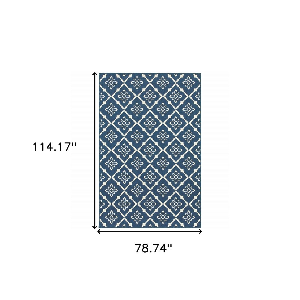 7' x 10' Blue and Ivory Floral Stain Resistant Indoor Outdoor Area Rug