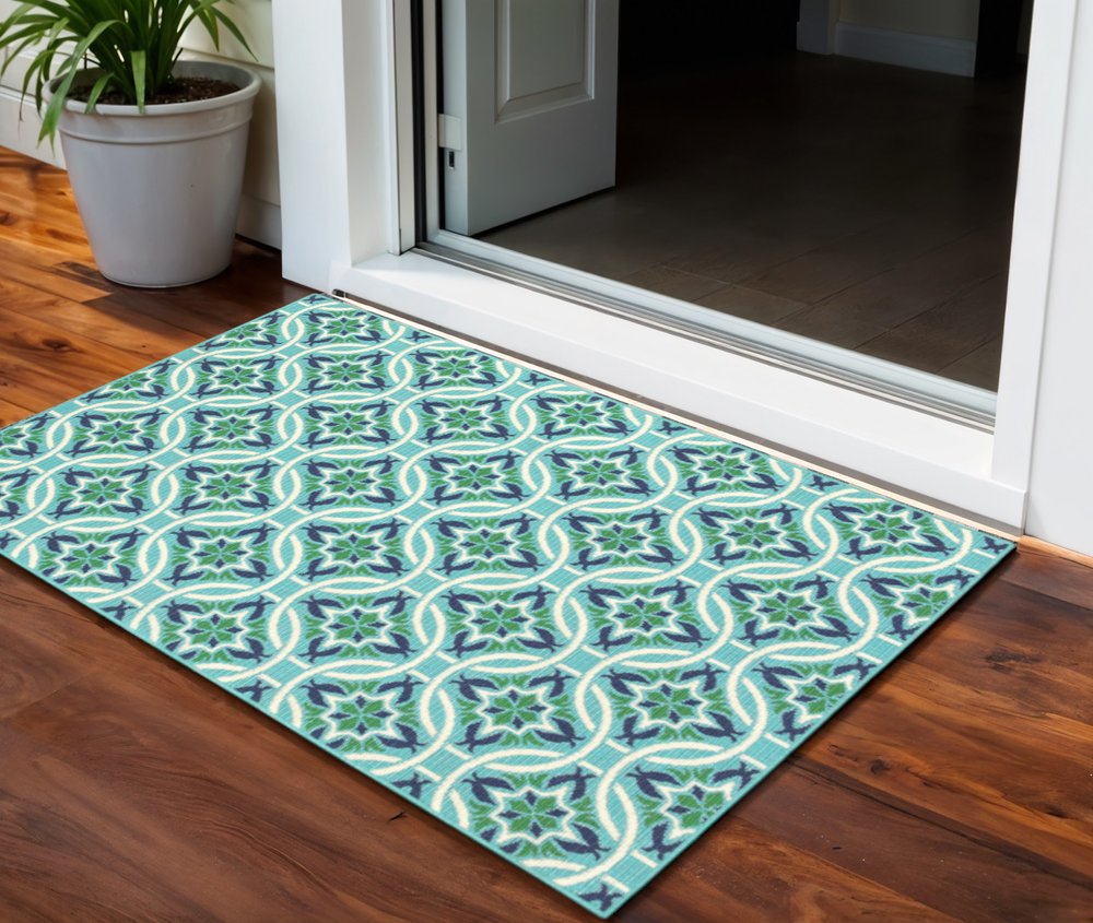 2' X 3' Blue and Green Geometric Stain Resistant Indoor Outdoor Area Rug