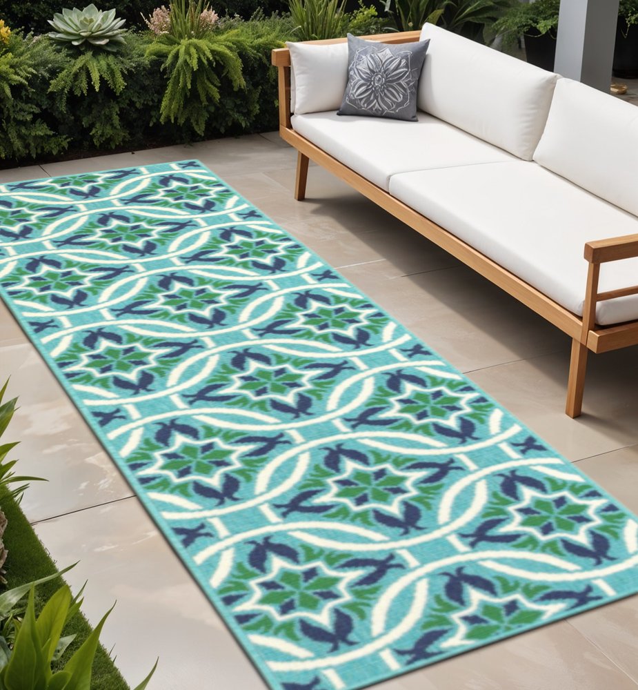 2' X 8' Blue and Green Geometric Stain Resistant Indoor Outdoor Area Rug