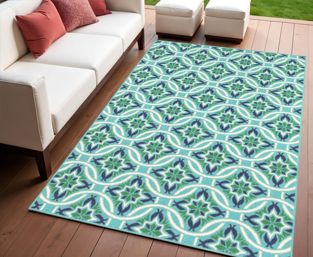 4' X 6' Blue and Green Geometric Stain Resistant Indoor Outdoor Area Rug