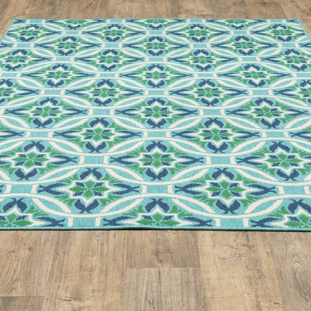 8' X 11' Blue and Green Geometric Stain Resistant Indoor Outdoor Area Rug