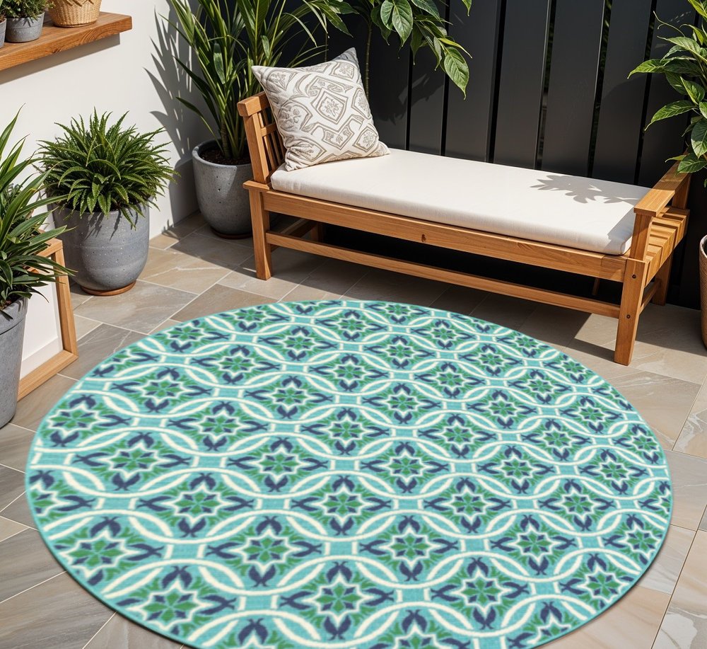 8' X 8' Blue and Green Round Geometric Stain Resistant Indoor Outdoor Area Rug