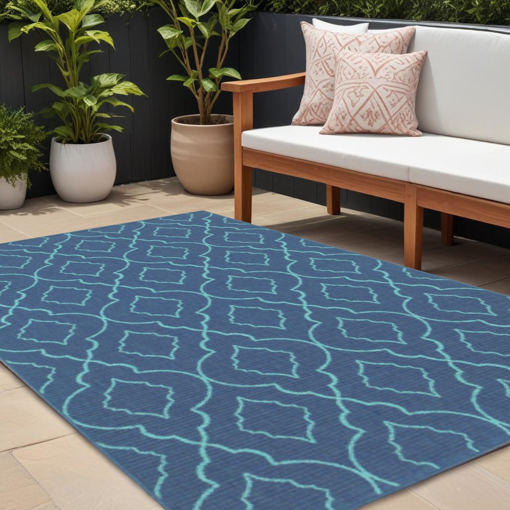 8' X 11' Blue Geometric Stain Resistant Indoor Outdoor Area Rug