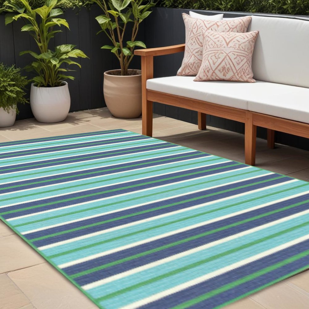 7' X 10' Blue and Green Geometric Stain Resistant Indoor Outdoor Area Rug