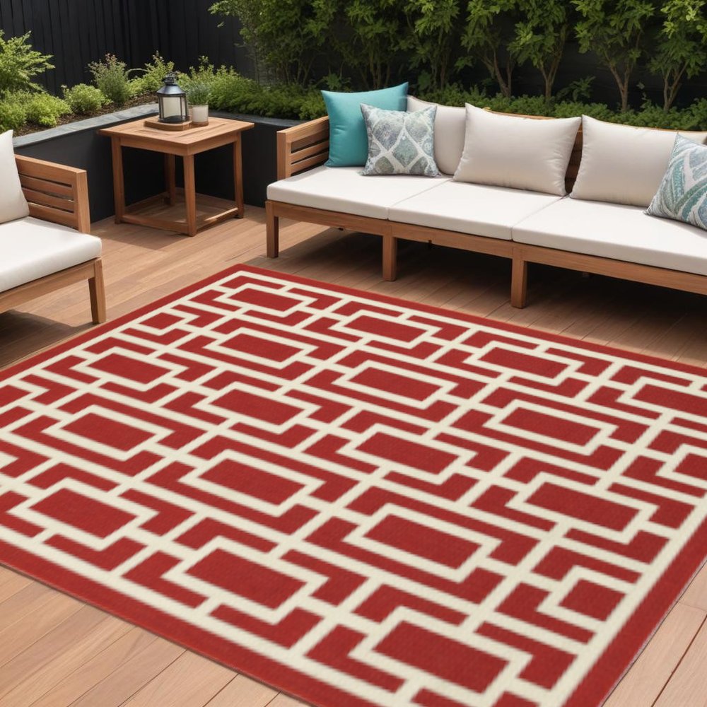 8' X 11' Red and Ivory Geometric Stain Resistant Indoor Outdoor Area Rug