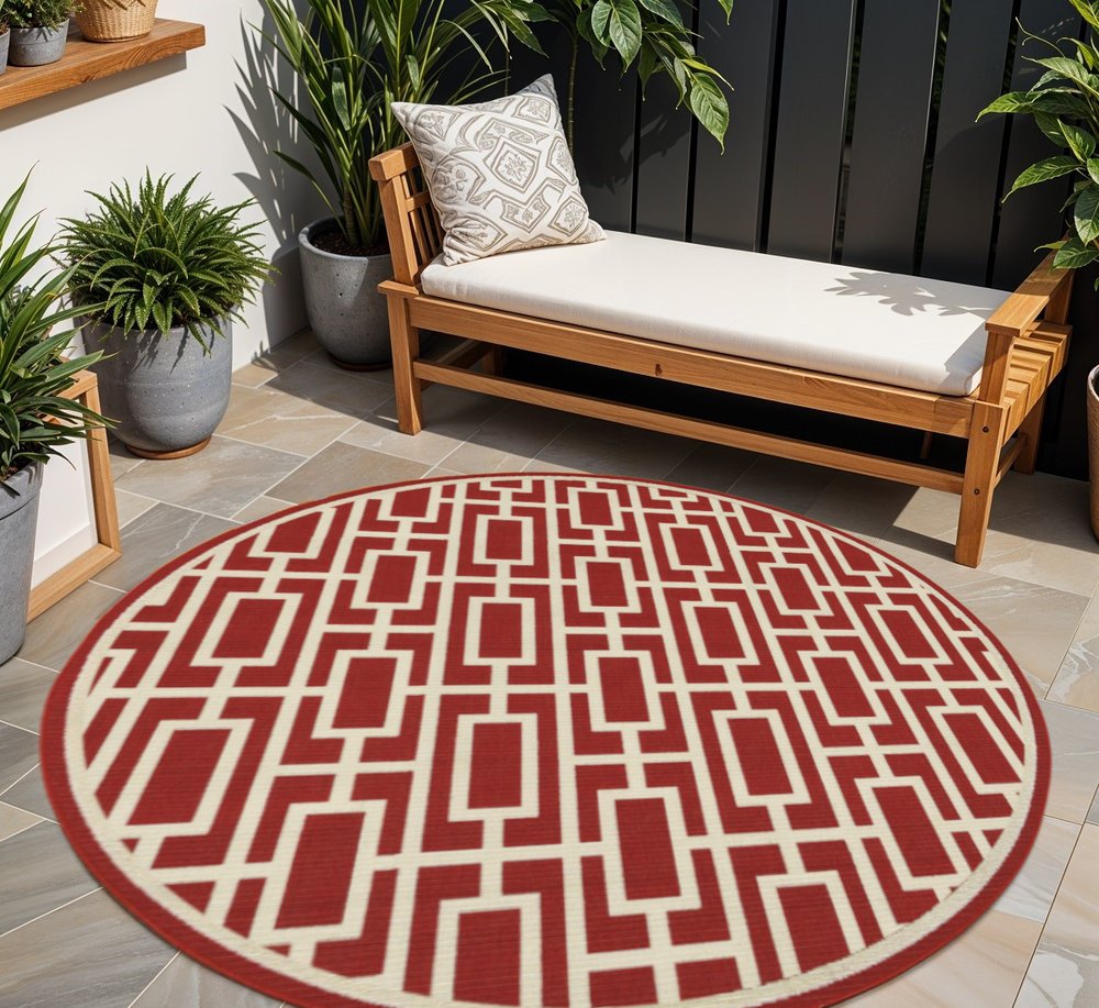 8' X 8' Red and Ivory Round Geometric Stain Resistant Indoor Outdoor Area Rug