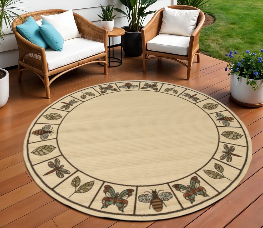 8' X 8' Brown and Ivory Round Abstract Stain Resistant Indoor Outdoor Area Rug