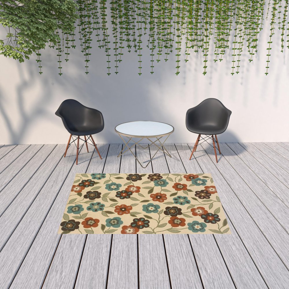 5' X 8' Brown and Ivory Floral Stain Resistant Indoor Outdoor Area Rug