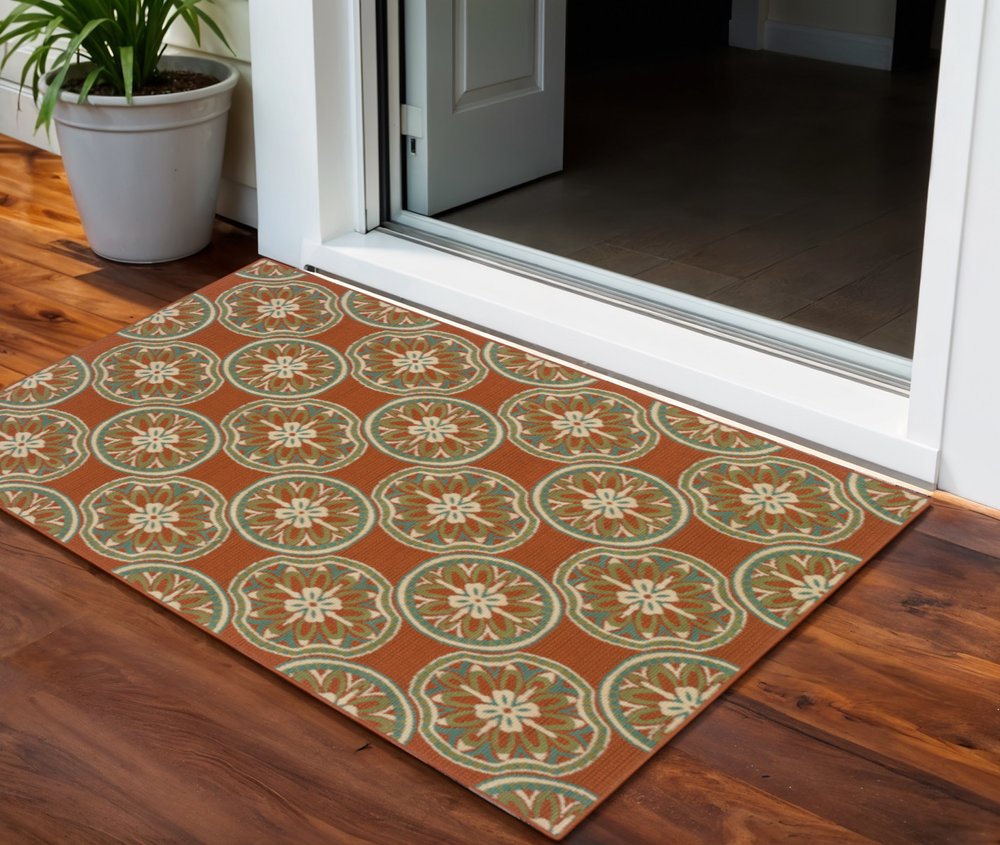2' X 4' Brown and Ivory Floral Stain Resistant Indoor Outdoor Area Rug