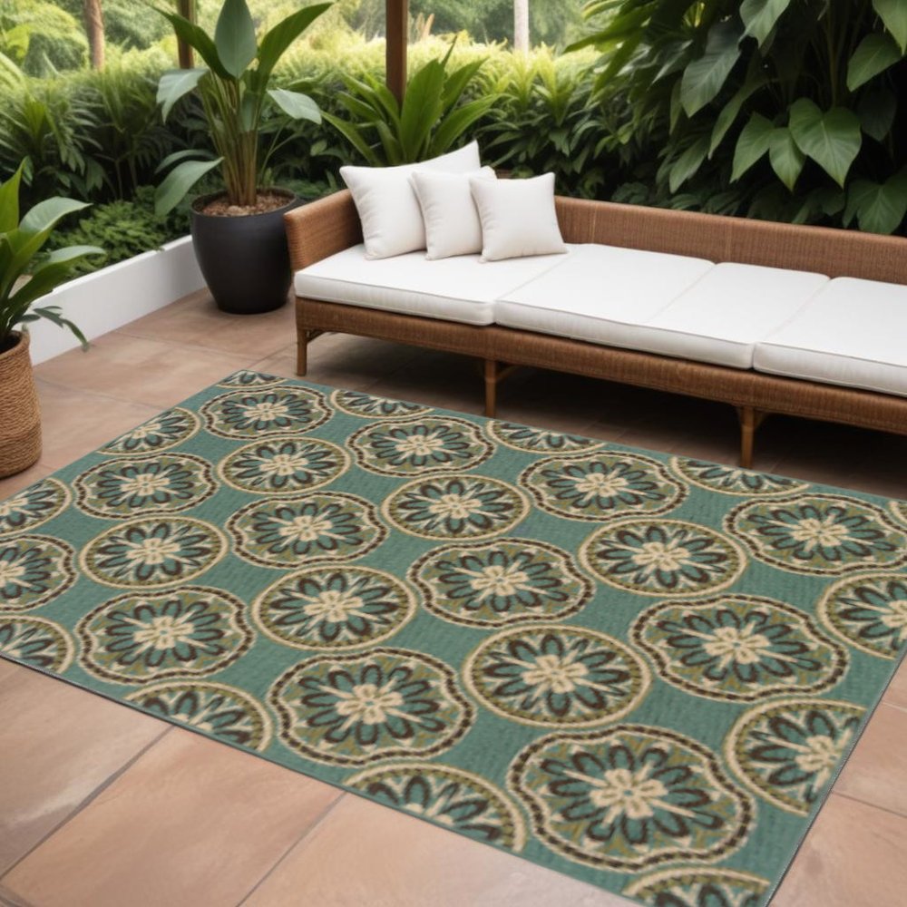 8' X 11' Blue and Ivory Floral Stain Resistant Indoor Outdoor Area Rug