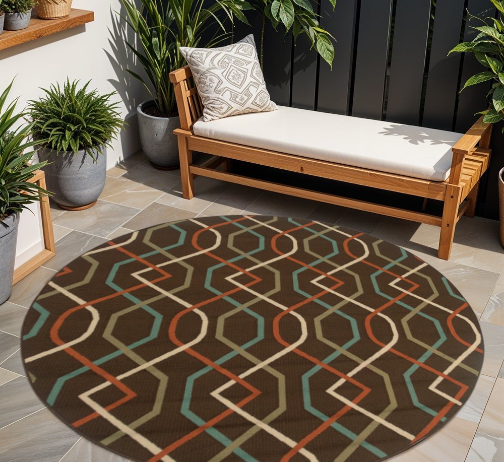 8' X 8' Brown and Ivory Round Geometric Stain Resistant Indoor Outdoor Area Rug