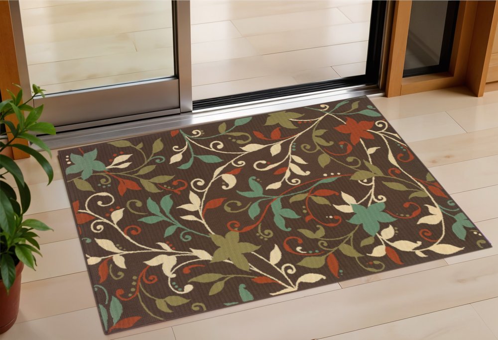 2' X 4' Brown Floral Stain Resistant Indoor Outdoor Area Rug