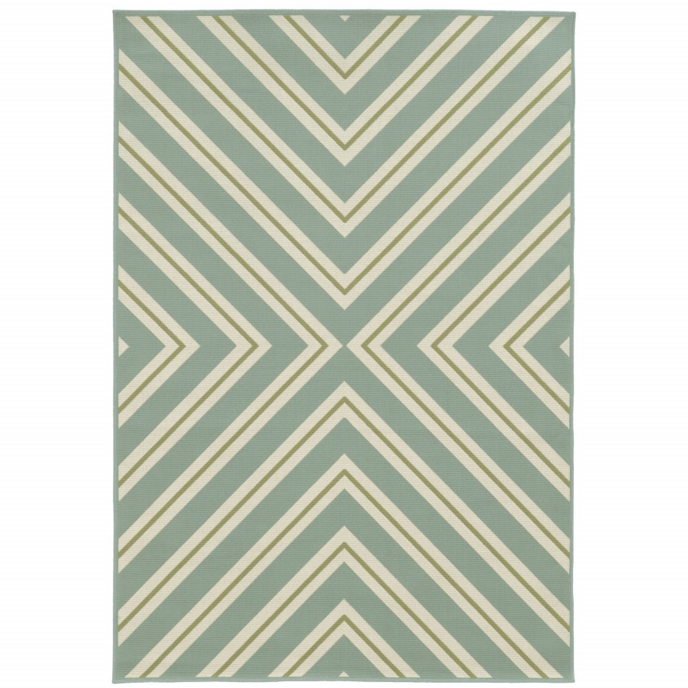 9' X 13' Blue and Green Geometric Stain Resistant Indoor Outdoor Area Rug